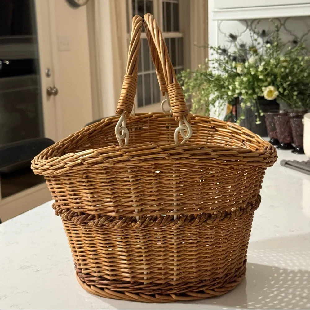 Vintage Hand Woven Oval Gathering Harvest Basket With Handles